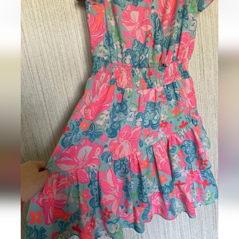 Lilly Pulitzer Size 8 Maryanne Surf Blue Luscious Lions Dress Floral Ruffles - Picture 9 of 12